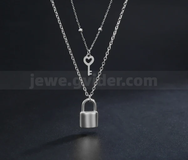 Gvider Jewelry - Minimalist Stainless Steel Double Layered Heart Key & Smooth Polished Padlock Pendant Necklace with Satellite Chain